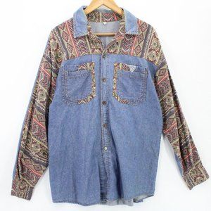 Vintage Camino Denim Shirt Mens Blue & Brown Button Down Long Sleeve Size Large